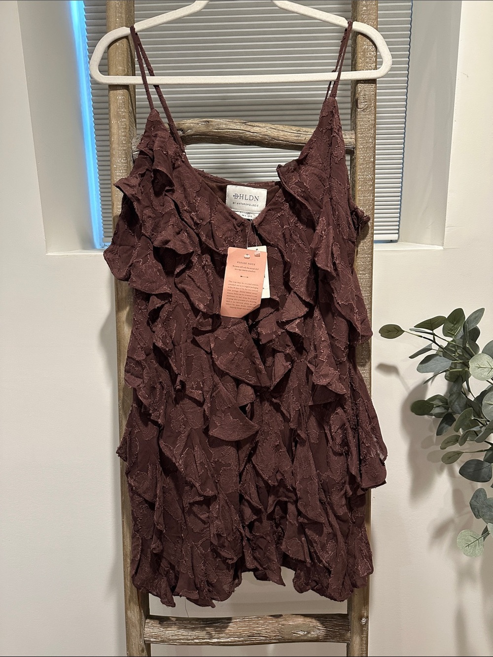 BHLDN Burgundy Ruffled Spaghetti Strap Dress
